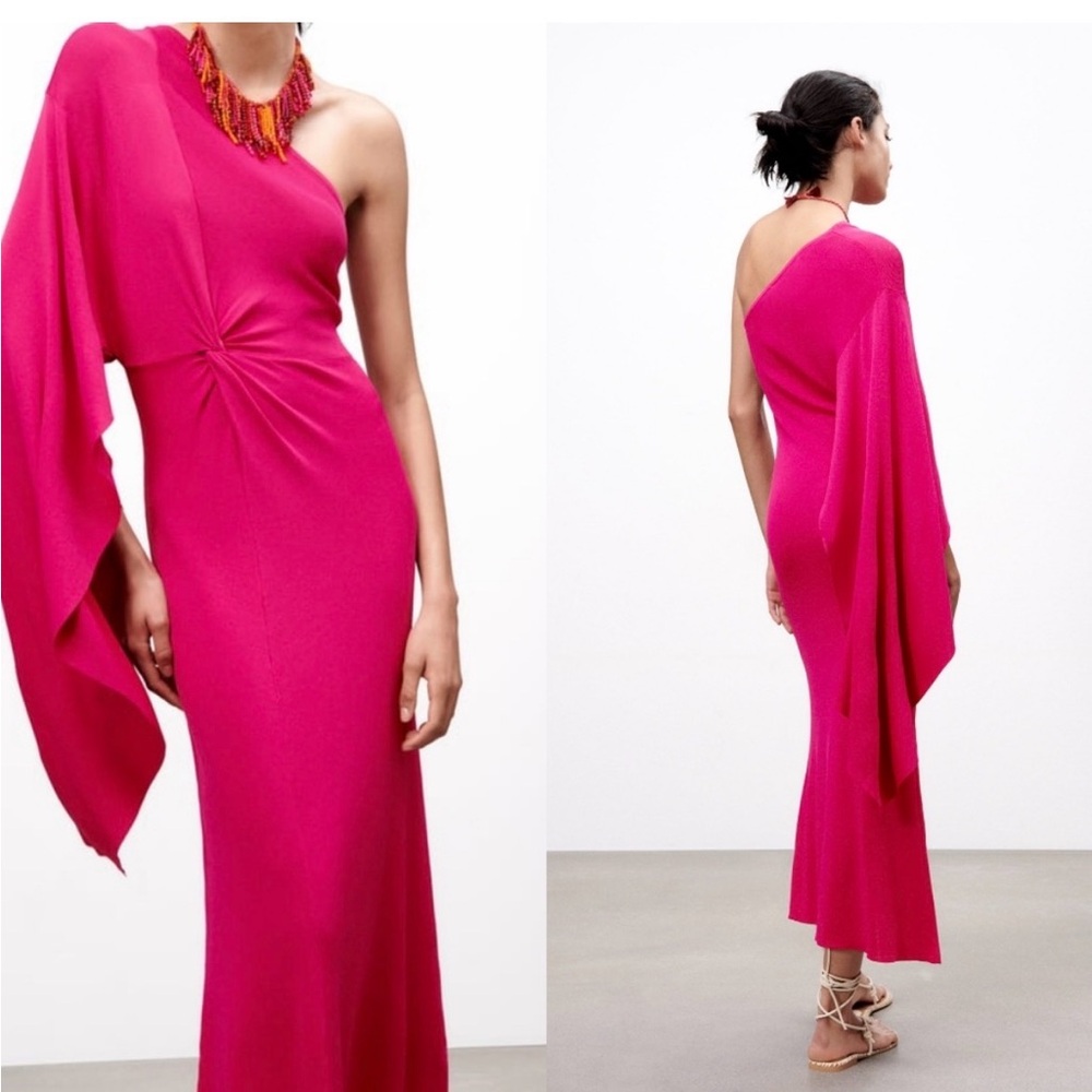 Zara ASYMMETRIC KNIT DRESS - Fuchsia one shoulder